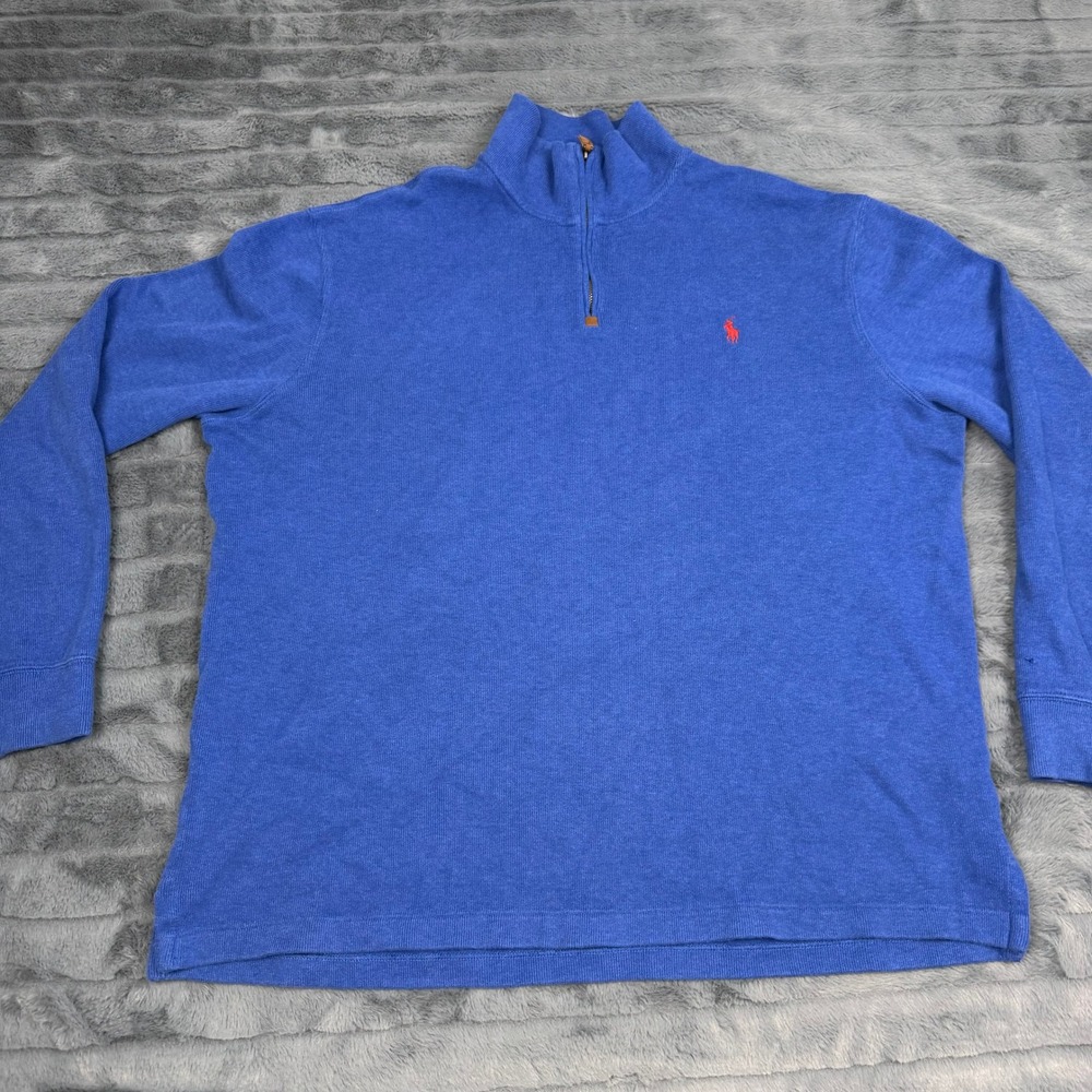 Polo Ralph Lauren Mens XL Blue Cotton Quarter Zip Pullover Sweater Red Pony Logo